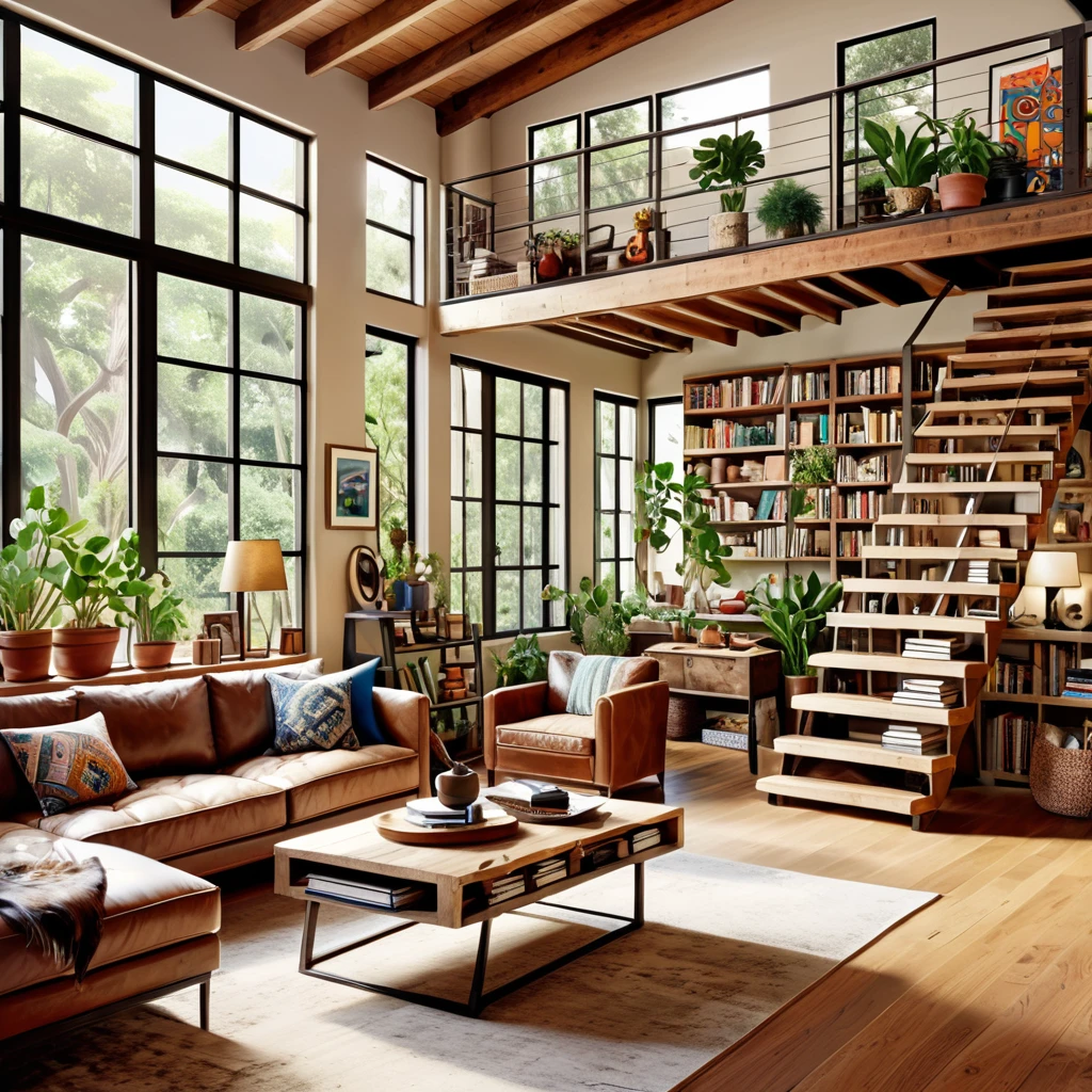Design a cozy and eclectic open-plan living space featuring a mix of natural and rustic elements. The room includes a wooden staircase leading to a loft area, large potted plants, and bookshelves filled with books and decorative items. The living area has a comfortable sofa, a coffee table, and vibrant artwork on the walls. The space is illuminated by natural light coming through large windows, creating a warm and inviting atmosphere with a blend of modern and vintage decor