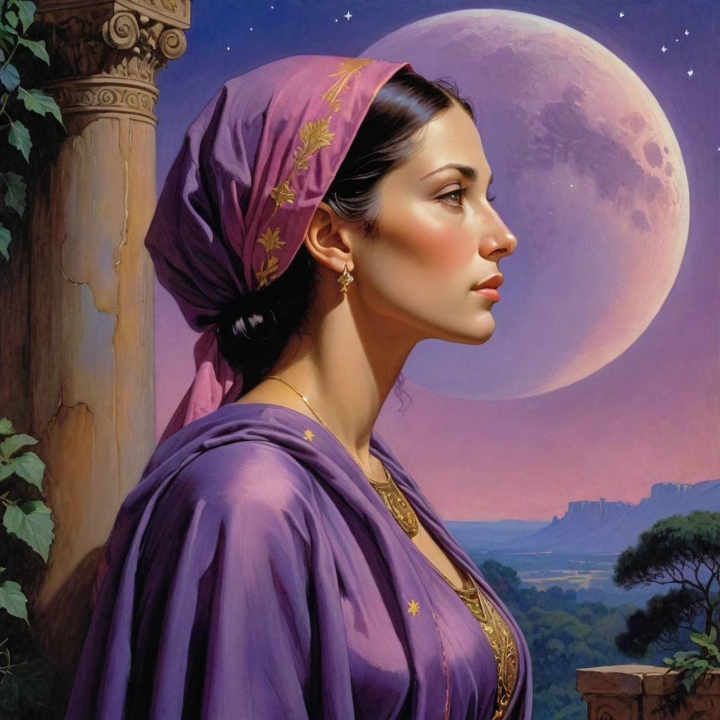 Masterpiece, (realistic), (propaganda poster), ((Moebius Jean Giraud)), (((haughty upright profile portrait of a veiled Roman woman, young, priestess, sensual, imposing, dignified, proud, arrogant, wearing silk, purple and pink robes with detailed crescent moon, star elements))), ((Corinthian columns, jungle, dusk background, moths))