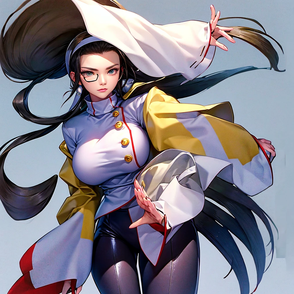 japanese clothes, black pants, buttons, wide sleeves, white sleeves, white headband, big breast
cropped jacket, yellow jacket, black pants, white top, eyewear on head
white swimsuit, hat