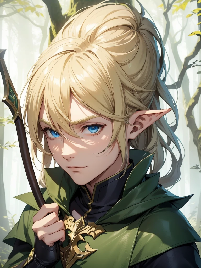 A male elf that possesses flowing blonde hair and striking blue eyes, typical of his elven heritage. He dresses in supple, forest-green leather armor crafted for agility and stealth, complemented by dark trousers and sturdy boots that allow him to move swiftly through the dense underbrush of Evershade Forest. He has bow and arrows.