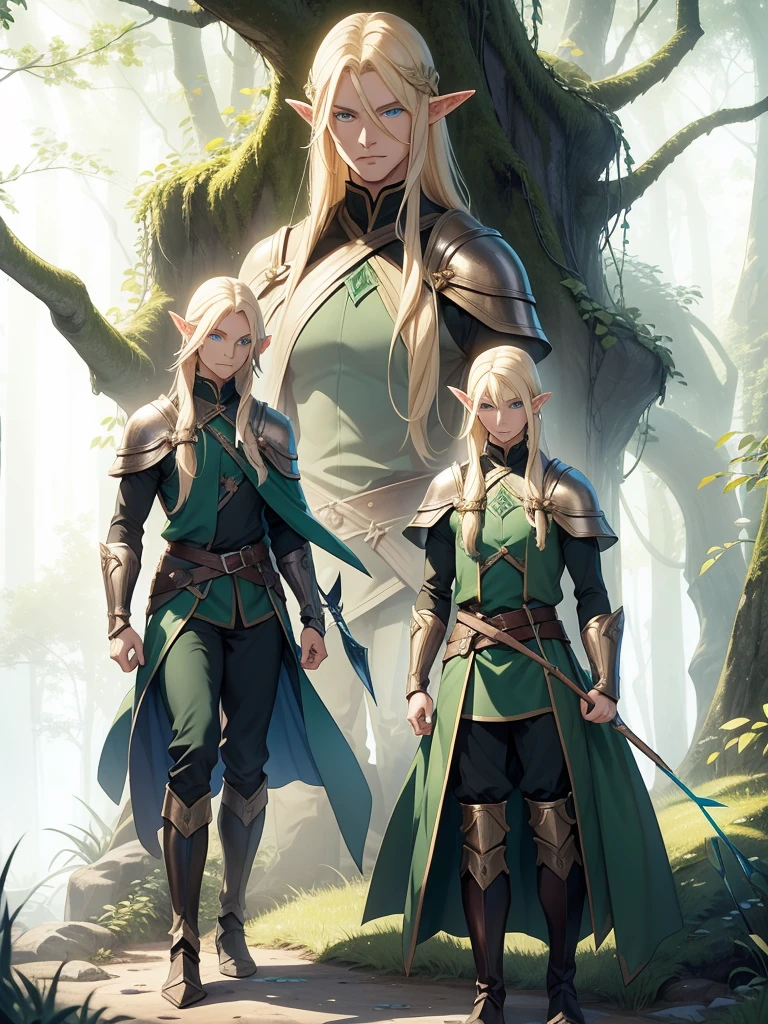 A male elf that possesses flowing blonde hair and striking blue eyes, typical of his elven heritage. He dresses in supple, forest-green leather armor crafted for agility and stealth, complemented by dark trousers and sturdy boots that allow him to move swiftly through the dense underbrush of Evershade Forest. He has bow and arrows.