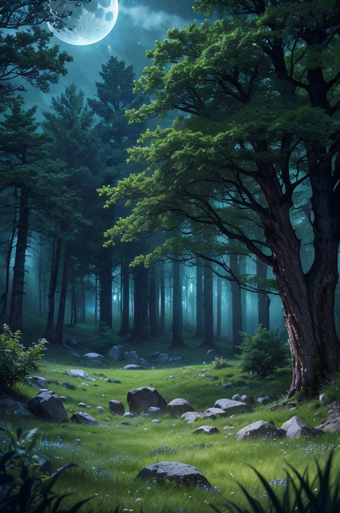 a comforting moonlit meadow in a lush forest at night, dark colors, peaceful atmosphere, moonlight, night sky, stars, ancient trees, mossy rocks, long grass, wildflowers, (best quality,4k,8k,highres,masterpiece:1.2),ultra-detailed,(realistic,photorealistic,photo-realistic:1.37),landscape,fantasy,dramatic lighting,moody,cinematic