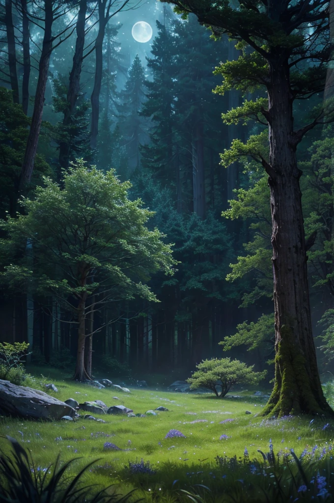 a comforting moonlit meadow in a lush forest at night, dark colors, peaceful atmosphere, moonlight, night sky, stars, ancient trees, mossy rocks, long grass, wildflowers, (best quality,4k,8k,highres,masterpiece:1.2),ultra-detailed,(realistic,photorealistic,photo-realistic:1.37),landscape,fantasy,dramatic lighting,moody,cinematic