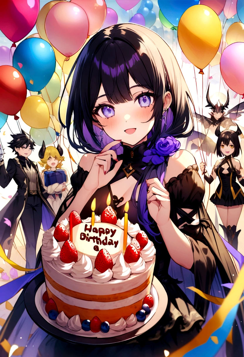 make a summoners war fan art with three characters, one year, a demon and a valkyrie, birthday themed, with lots of joy and balloons and cake