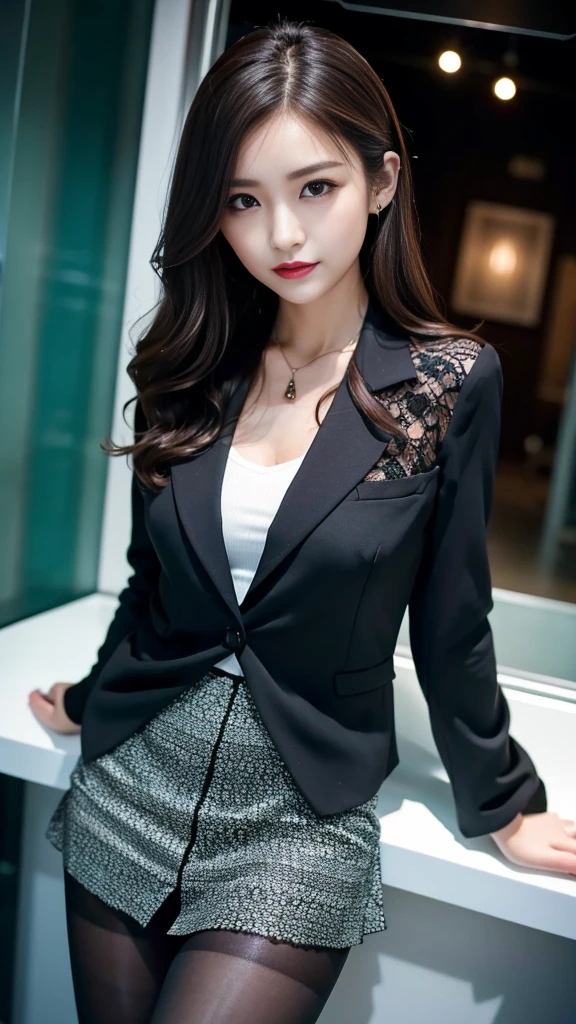 ltra-detailed、Japanese、attractive beauty、Dainty woman、piercing eyes、cool girl、wavy hair、suit、Jacket、blouse、Tight Skirt、black pantyhose、evil female executive、evil depravity、brainwash、mind control、lacy fabric、Glossy legs、lipstick、lip gloss、smirk、wicked look、evil、empty eyes、wicked、reaching out、in the darkroom、lure、during