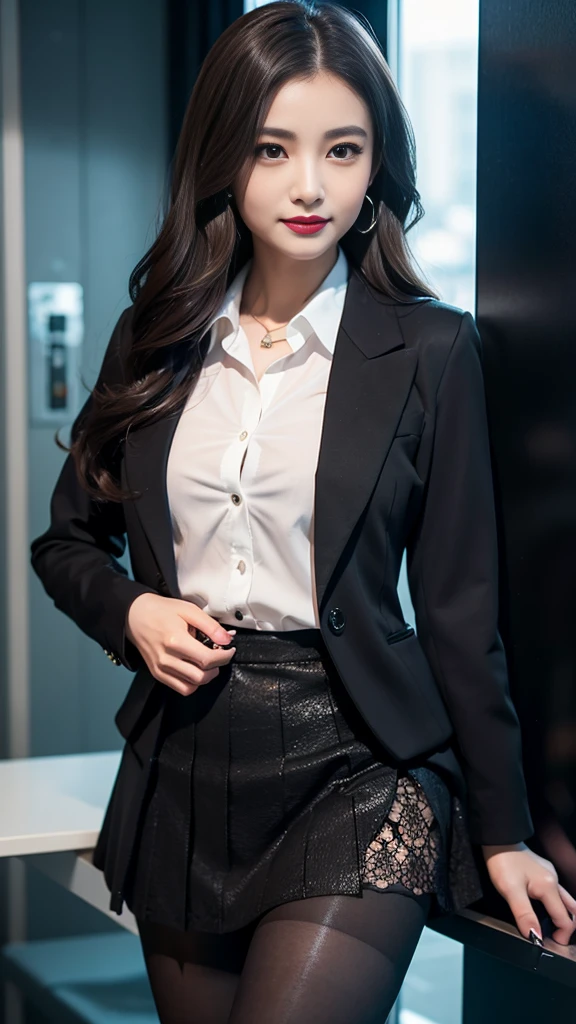 ltra-detailed、Japanese、attractive beauty、Dainty woman、piercing eyes、cool girl、wavy hair、suit、Jacket、blouse、Tight Skirt、black pantyhose、evil female executive、evil depravity、brainwash、mind control、lacy fabric、Glossy legs、lipstick、lip gloss、smirk、wicked look、evil、empty eyes、wicked、reaching out、in the darkroom、lure、during
