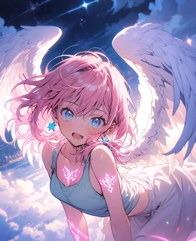 gal,Glittery earrings,pink glowing tattoo,Long pink hair,blue eyes,Tank top,Angel Wings,whole body,Night view