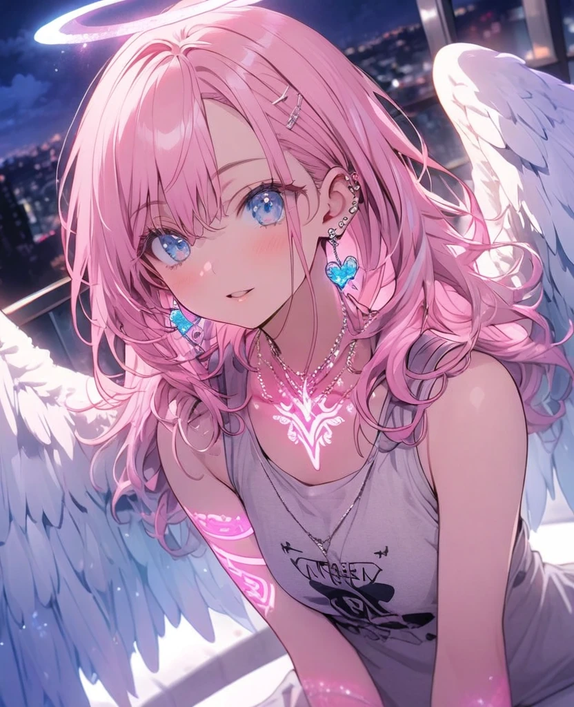 gal，Glittery earrings，pink glowing tattoo,Long pink hair,blue eyes,Tank top,Angel Wings,whole body,Night view