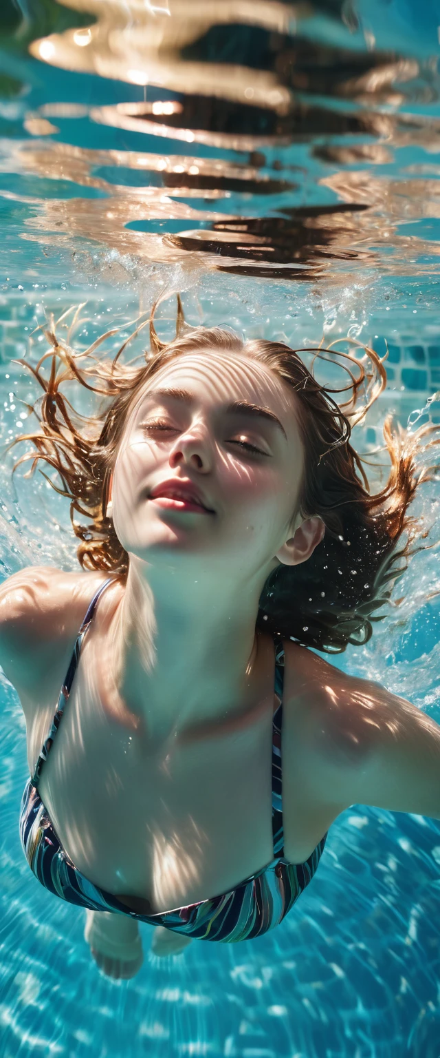 Beautiful girl soaks in pool to cool off during June heat wave，(Close-up of whole head submerged in water.The moment of jumping out of the water)Surrounded by dazzling afternoon light, shadows and water ripples，The whole scene looks lazy and exudes a romantic, relaxed and elegant aesthetic.。