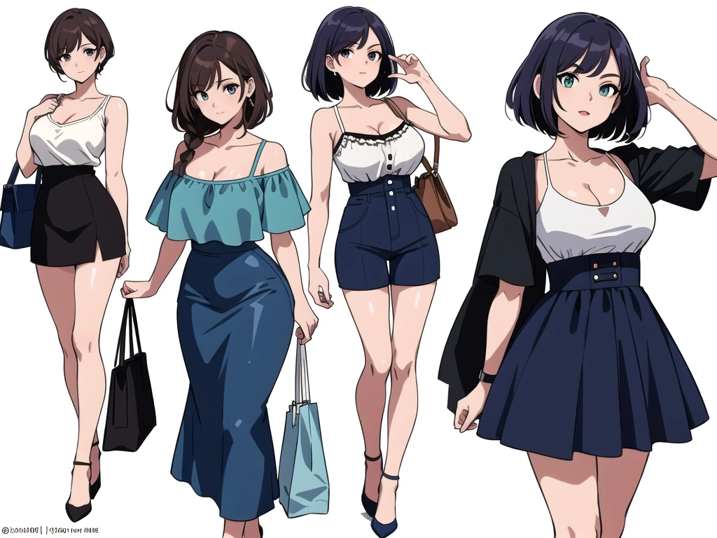 (((Best Quality))) , ((full body)), 4 lady, adult woman, multiple views, (((white background,))) variety of hairstyles, variety of fashion styles, seductive pose, fashionable and trendy atmosphere, holding bag, summer outfits, walk pose, dark blue/dark orange/dark green/dark violet/brown/white, short shorts, cleavage,