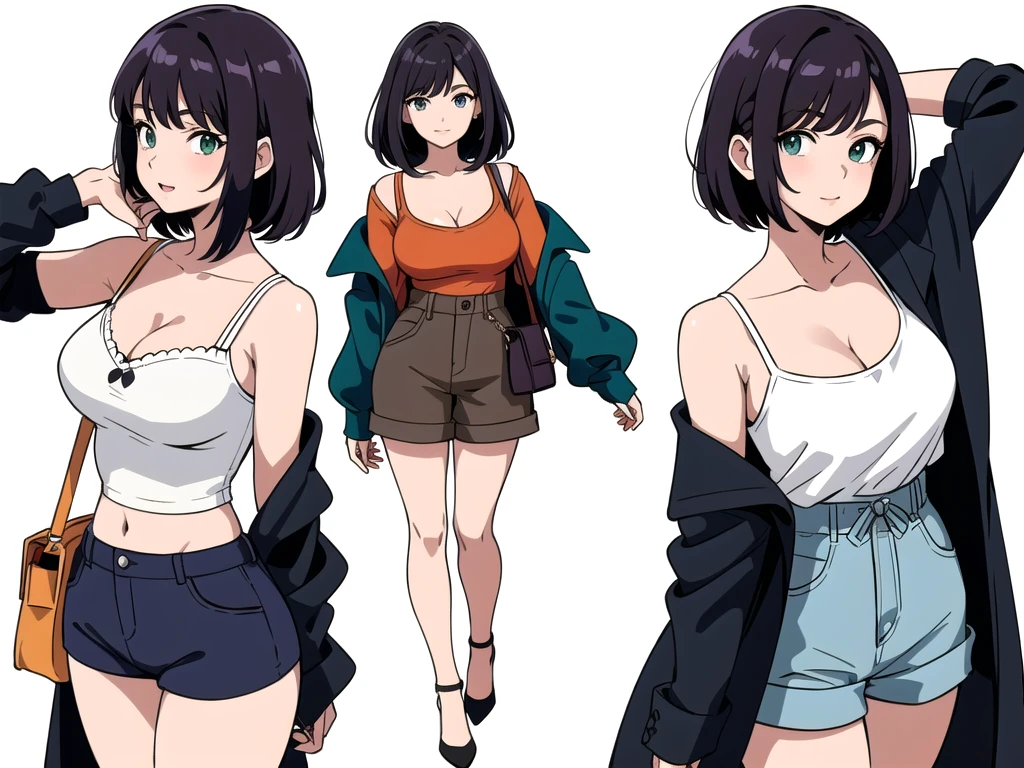 (((Best Quality))) , ((full body)), 4 lady, adult woman, multiple views, (((white background,))) variety of hairstyles, variety of fashion styles, seductive pose, fashionable and trendy atmosphere, holding bag, summer outfits, walk pose, dark blue/dark orange/dark green/dark violet/brown/white, short shorts, cleavage,