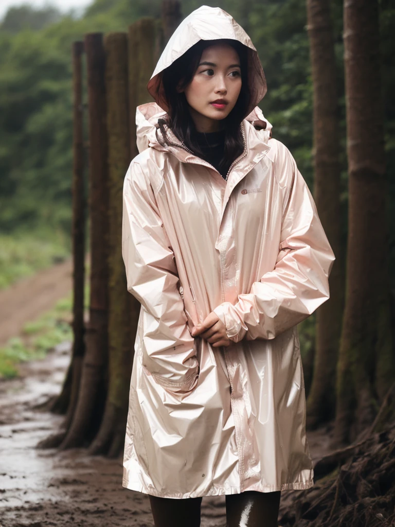 Light pink buttoned raincoat, wearing hood, shiny raincoat, muddy clothes, very dirty muddy raincoat, covered in mud, mud running down clothes, muddy, dirty clothes