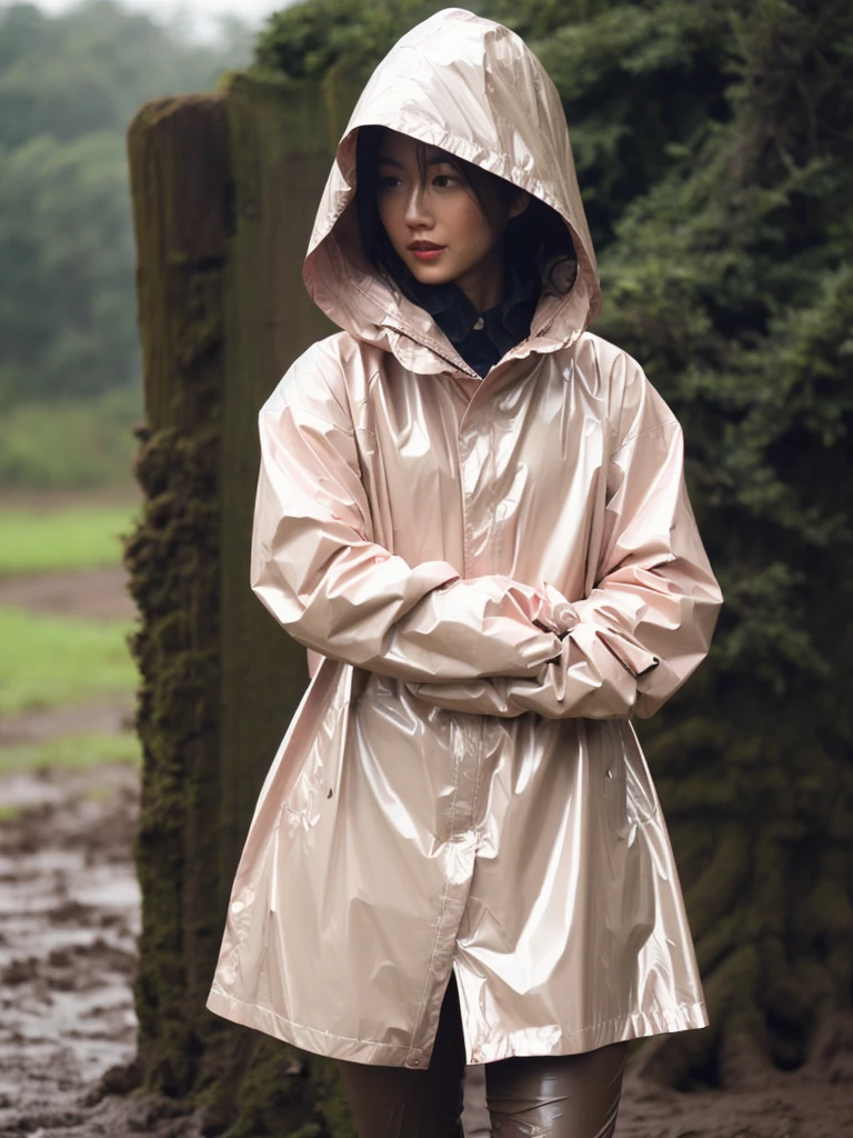 Light pink buttoned raincoat, wearing hood, shiny raincoat, muddy clothes, very dirty muddy raincoat, covered in mud, mud running down clothes, muddy, dirty clothes