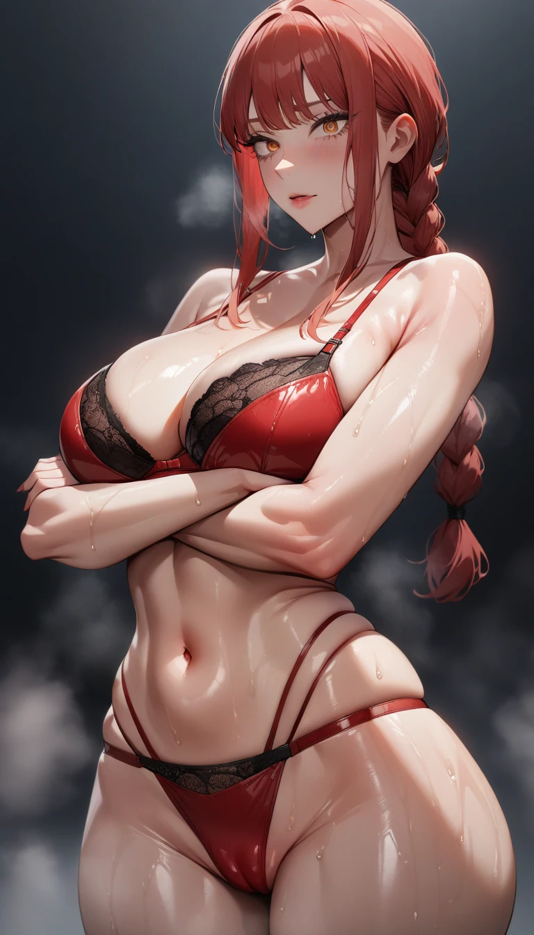1girl,makima \(chainsaw man\), chainsaw man,super detailed skin,shiny skin,wet oily skin,natural face ,eyelashes,lips gloss,red hair,sidelocks,a braid, large breasts,bra,Garterbelt,crossed arms,standing,cameltoe,steam,masterpiece,best quality,ultra detailed,high resolution,sharp focus