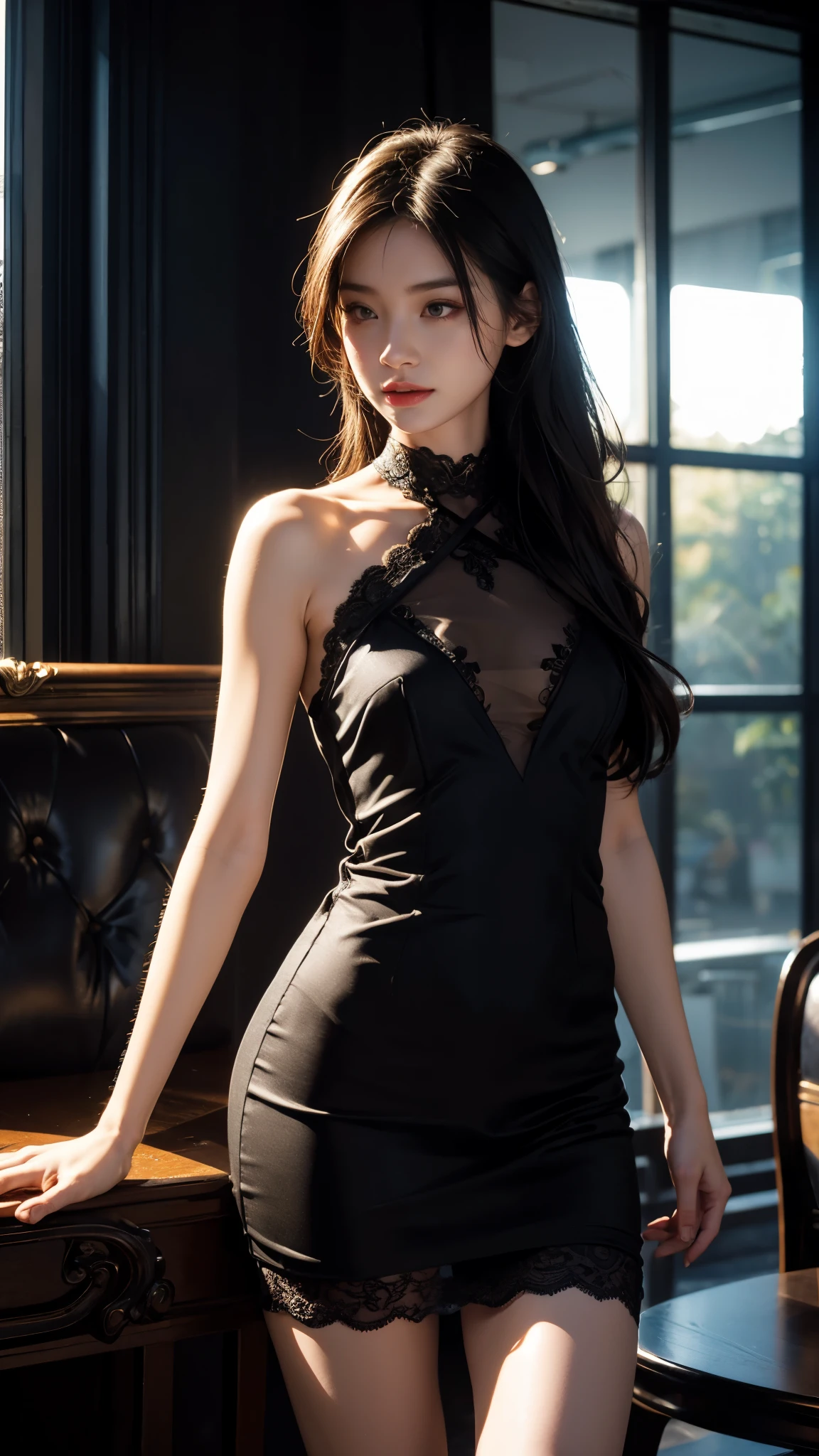8K, UHD, MAsterpiece, best quality, 1 girl, (realistic face), happy pace, very long hair, small breasts, short clothing, very beautiful ornaments dress, black color, lace, mesh clothing, sardine, loops, in the balcony, ipllers, depth of field, cinematic lighting, chromatic aberration, motion blur, glowing light, god rays, ray tracing, reflection light, backlighting, knee short,