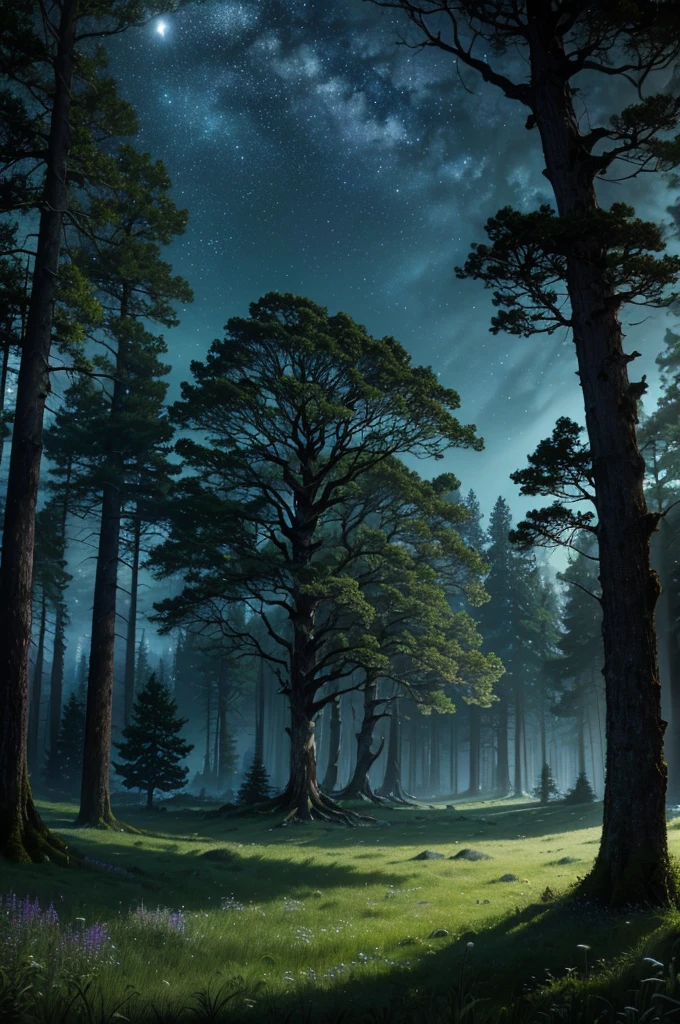 a comforting moonlit meadow in a lush forest at night, ancient twisted trees, mossy rocks, long grass, wildflowers, night sky, stars, dramatic cinematic lighting, moody fantasy landscape, (best quality,4k,8k,highres,masterpiece:1.2),ultra-detailed,(realistic,photorealistic,photo-realistic:1.37)
