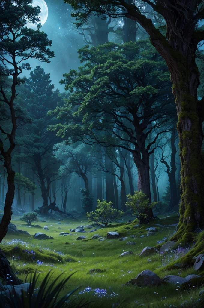 a comforting moonlit meadow in a lush forest at night, ancient twisted trees, mossy rocks, long grass, wildflowers, night sky, stars, dramatic cinematic lighting, moody fantasy landscape, (best quality,4k,8k,highres,masterpiece:1.2),ultra-detailed,(realistic,photorealistic,photo-realistic:1.37)