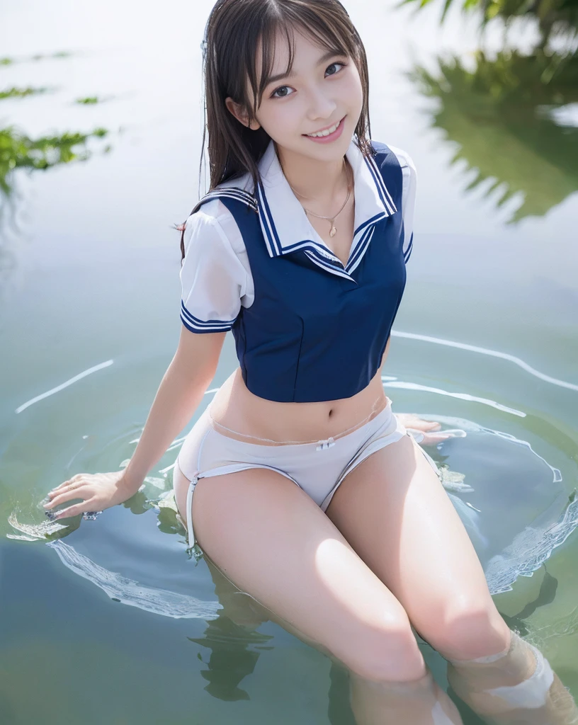 (NFSW)、((blue sea))、(High resolution:1.5)、Highest quality,Very detailed,masterpiece,Super detailed,alone,(One -yeld gi,((Summer School Uniforms:1.5)), Seraphim, ((skirt:1.5)),  smile, Thigh fetish images: 1.5、(((barefoot)))、(Her thighs and white bikini reflected in the clear blue water)、(reflected in water:1.5)、((I can see the white string panties:1.5))、Cleavage、((Blue, clear, transparent water))、Summer sun、はしゃいだsmile、Beautiful Eyes、(pull-out-lift-panties:1.5)、Big necklace and tiara、pull-lift-panties,