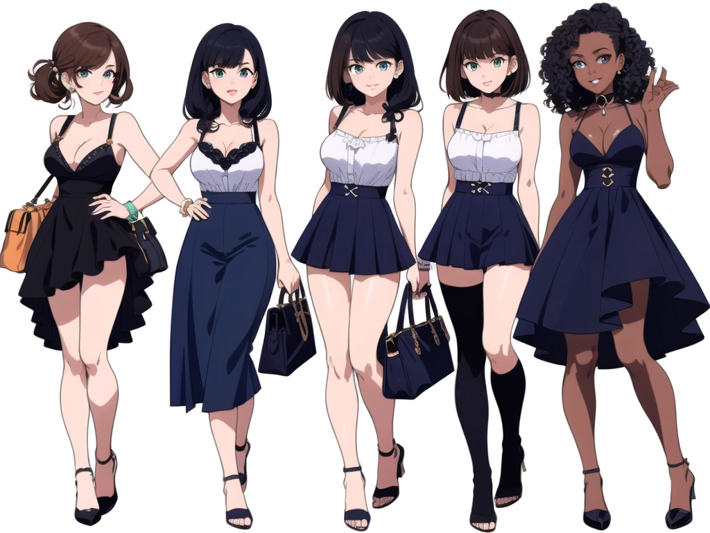 (((Best Quality))) , ((full body)), 4 lady, adult woman, multiple views, (((white background,))) variety of hairstyles, variety of fashion styles, seductive pose, fashionable and trendy atmosphere, holding bag, summer outfits, walk pose, dark blue/dark orange/dark green/dark violet/brown/white, short shorts, cleavage,