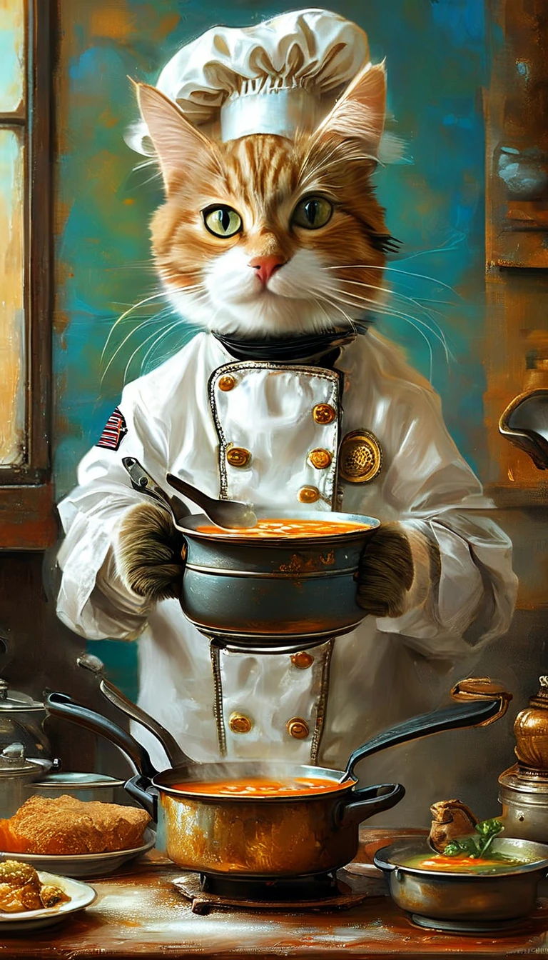 painting of a Cat dressed as a chef with a pot and pan, steampunk Cat, the Cat cooks soup, astronaut Cat, anthropomorphic Cat, inspired by Jean-Léon Gérôme, adorable Digital Painting, Ultra-realistic concept art, in a painting of a Cat, Cat. Digital Painting, Highly realistic concept art, Surreal Concept Art