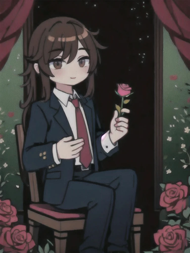 (masterpiece, best quality:1.2), 1 guy, Brown hair, bangs cover the right eye,shirt, tie, trousers, Sits on the throne, holding a rose in his hands, Roses Around