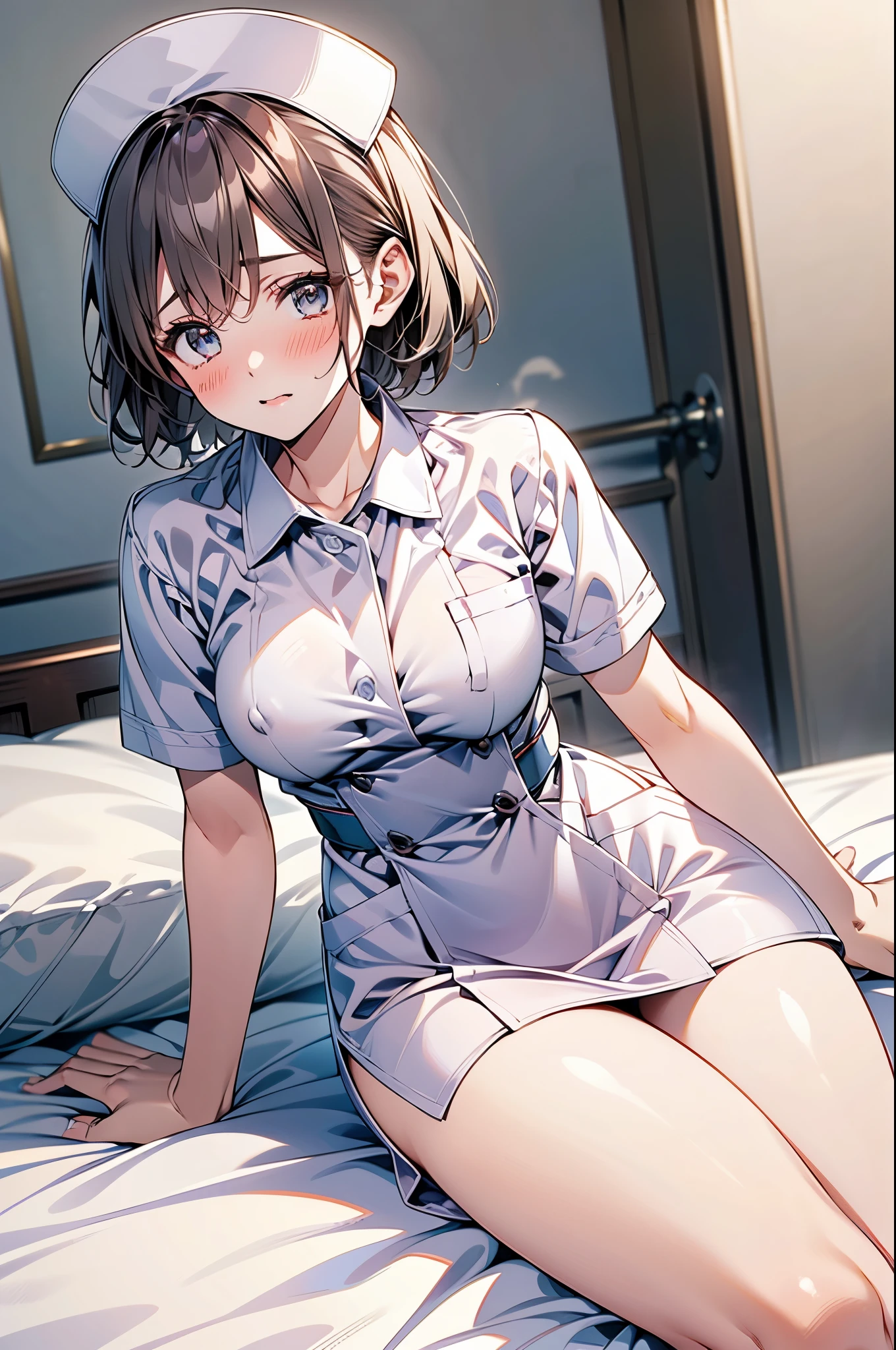 (1 person、alone), Beautiful woman, detailed face, (High-definition and beautiful eyes)、(Anatomically perfect body), Slender、White nurse uniform、(Japanese style nurse uniform), Knee-length dress、nurse、(Lying on the bed:1.3), (Lift your legs, Bend your knees)、The legs are thin、18-year-old、(Highest quality)、Black Hair, (8K, High resolution)、(shy:1.4)、medium breast, (steam:1.1), (embarrassed:1.3), show off nipples under shirt, (Wide Shot)