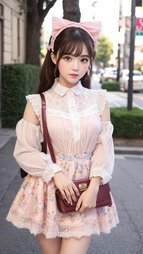 (masterpiece, Highest quality), Intricate details,, ta street looks are usually very cute、refresh、Mainly sweet,By appearance,She always has a kind and cute face,Has a round face and large eyes,Soft Makeup、Clarity,Usually、Apply a light peach blush and a sweet pink lip gloss.。The eye makeup will mainly be fresh and bright eyeshadow.,long lashes、The eyebrows are well defined。
By appearance,She may be anonymous, And delicate,It's very delicate and cute,people々Gives you a bird-like feeling。
Regarding clothing,Lolityle generally favors wearing brightly colored clothes.、Floral、Lace and girly clothes,Maybe I should choose a pink dress、A skirt or a cute suit,Pair it with cute accessories like ribbon hair clips.、Lace socks etc...。moreover,She might pair it with flats or very girly Mary Jane shoes.。
About Makeup,Lolita mmphasize large eyes and pink or peach lip colors to enhance cuteness.。
comprehensive,Lolita streeyle is often sweet and cute,exterior、Emphasizing cuteness with makeup and clothing、Fresh and sweet elements。