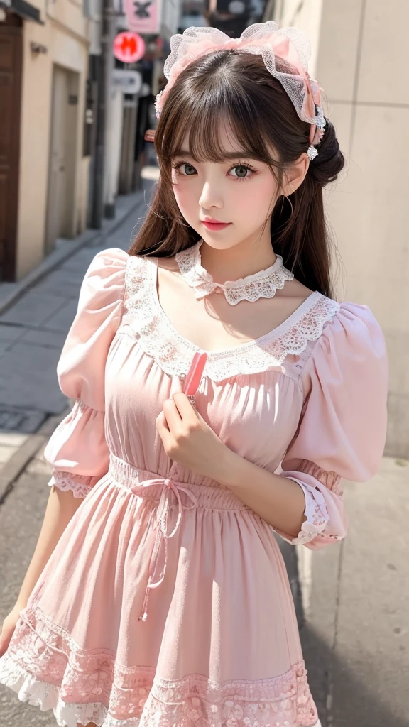 (masterpiece, Highest quality),  Intricate details,, Lolita street looks are usually very cute、refresh、Mainly sweet，By appearance，She always has a kind and cute face，Has a round face and large eyes，Soft Makeup、Clarity，Usually、Apply a light peach blush and a sweet pink lip gloss.。The eye makeup will mainly be fresh and bright eyeshadow.，long lashes、The eyebrows are well defined。

By appearance，She may be anonymous， And delicate，It&#39;s very delicate and cute，people々Gives you a bird-like feeling。

Regarding clothing，Lolita style generally favors wearing brightly colored clothes.、Floral、Lace and girly clothes，Maybe I should choose a pink dress、A skirt or a cute suit，Pair it with cute accessories like ribbon hair clips.、Lace socks etc...。moreover，She might pair it with flats or very girly Mary Jane shoes.。

About Makeup，Lolita may emphasize large eyes and pink or peach lip colors to enhance cuteness.。

comprehensive，Lolita street style is often sweet and cute，exterior、Emphasizing cuteness with makeup and clothing、Fresh and sweet elements。