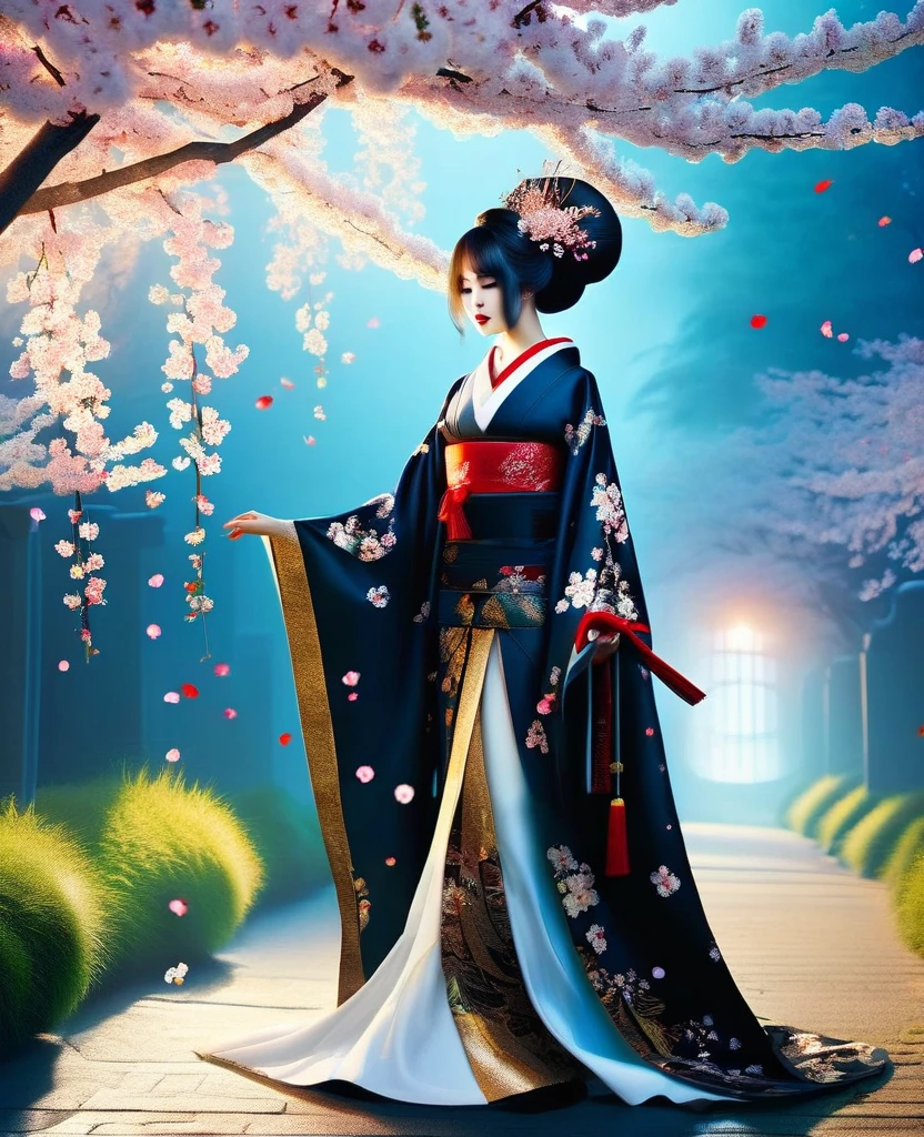 Gothic aesthetics，Gothic aesthetics，(A geisha stands gracefully under a cherry blossom,Cherry Blossom Festival Oiran, Red cherry blossom petals next々And they scatter, (whole body)
The white base makeup on the girl&#39;s face has no highlights or shadow decoration. White foundation covers the entire face and neck. Red lip makeup、The area of the mouth that is smaller than normal lips. Thick and thin eyeliner pencils can accentuate the contours of your eyes., Strengthen your eyes, Makes pupils appear darker and deeper. Straight eyebrows are not only eye-catching、Informal, Cleanse the entire face. Typical Japanese Geisha makeup,
Wearing a gorgeous kimono embroidered with black and gold cherry blossoms, This is a long-sleeved kimono, Wearing clogs,
background: Deep streets and alleys under the blue moonlight,
Surrealism, Realistic depiction of light and shadow, Realistic and exaggerated photos, super high quality, Super Detail, Cinematic shots, Shallow depth of field,