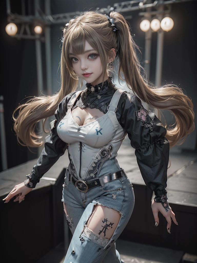 (Full Body View:1.4)、(Full body:1.4)、(Smiling with teeth showing:1.3),(Shibuya Gal:1.5)、(Gothic Lolita style fashion:1.5)、(Punk RockVisual Kei:1.5)、(Wearing a rhythmic gymnastics bodysuit with intricate details:1.4)、(Racing suit and pants with intricate decorations in white, denim and charcoal:1.5)、(Denim and light blue and white boots:1.3)、((belt))、(Numerous delicate logo marks all over the costume:1.4)、(collar:1.3)、(Polka dot underwear:1.5)、20-year-old、NSFW、((Highest quality、In 8K、masterpiece:1.3))、Sharp focus:1.2、(Layered Cut、Huge boobs:1.1),Beautiful woman with perfect figure:1.4、(do a gravure pose:1.3)、Slender Abs:1.2、Highly detailed face and skin texture、Detailed eyes、double eyelid,(Twin tails:1.3)、(Brown-golden hair:1.3)、Gravure idol、(The background is the stage of the fashion show:1.3)、(Slim body:1.3),(Make your legs thinner:1.4),（clavicle:1.1）