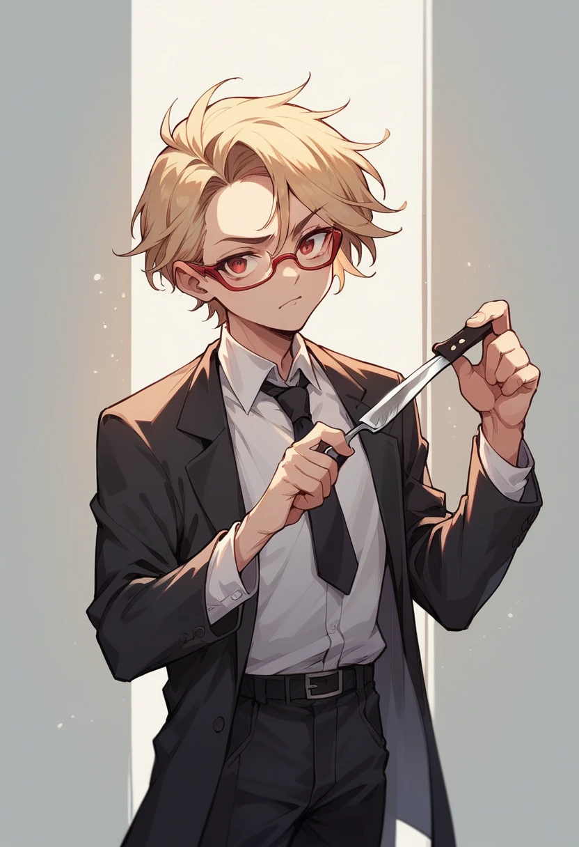 avatar not pixar style, blonder woman, Black Suit, Red glasses, fork and knife in hand.