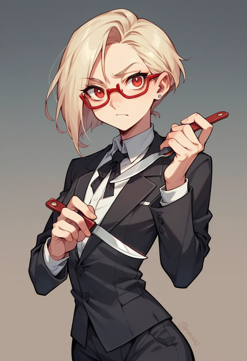 avatar not pixar style, blonder woman, Black Suit, Red glasses, fork and knife in hand.