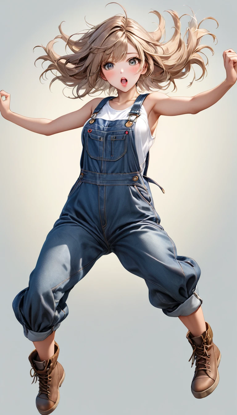 High-resolution image, masterpiece, full-body image, glamorous beauty with hair standing on end in the wind, double eyelids and sharp eyes, thick lips, realistic texture of tanned skin, loose overalls, sleeveless, boots on bare feet, gesture of jumping on the spot with both hands raised, angle from above and in the front, photorealistic, ink-colored background