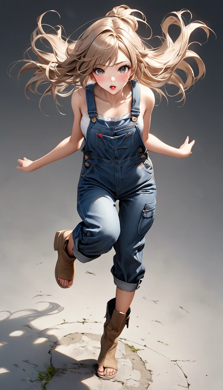 High-resolution image, masterpiece, full-body image, glamorous beauty with hair standing on end in the wind, double eyelids and sharp eyes, thick lips, realistic texture of tanned skin, loose overalls, sleeveless, boots on bare feet, gesture of jumping on the spot with both hands raised, angle from above and in the front, photorealistic, ink-colored background