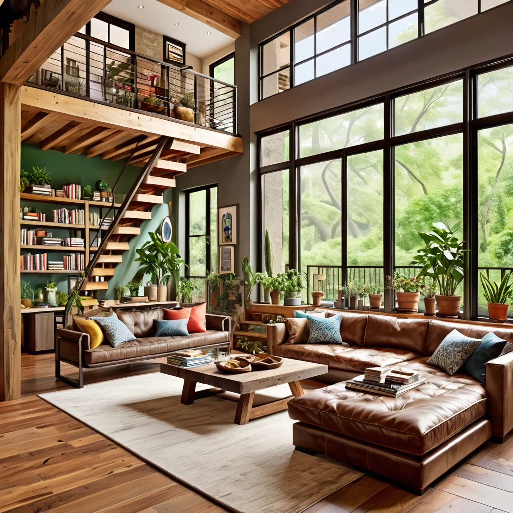 Create a vibrant and homey living space that incorporates elements of both nature and modern design. The space features a wooden loft accessible by a rustic staircase, a variety of large potted plants, and bookshelves filled with an array of books and personal items. The living room includes a plush sofa, a coffee table, and colorful wall art. Ensure the room is bathed in natural light from expansive windows, providing a welcoming and dynamic atmosphere.