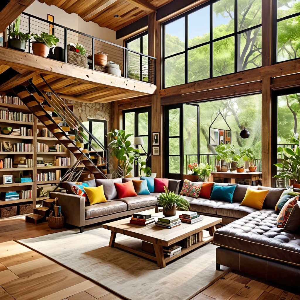 Create a vibrant and homey living space that incorporates elements of both nature and modern design. The space features a wooden loft accessible by a rustic staircase, a variety of large potted plants, and bookshelves filled with an array of books and personal items. The living room includes a plush sofa, a coffee table, and colorful wall art. Ensure the room is bathed in natural light from expansive windows, providing a welcoming and dynamic atmosphere.