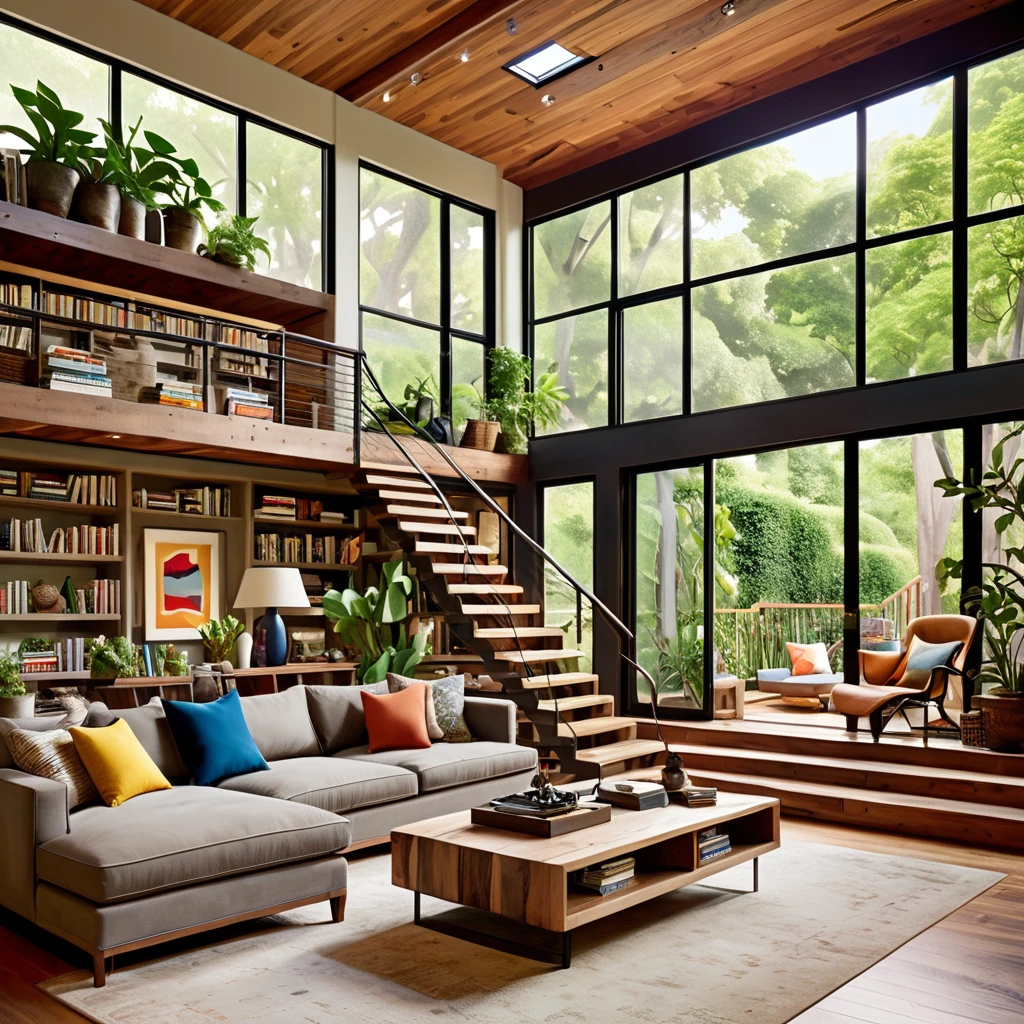 Design an inviting and character-filled living area that seamlessly blends natural elements with contemporary comfort. This space features a wooden staircase leading to a loft, surrounded by lush potted plants and shelves brimming with books. The living area includes a cozy sofa, a stylish coffee table, and eclectic artwork adorning the walls. Large windows allow for plenty of natural light, creating a bright and airy environment that combines modern living with a touch of nature.