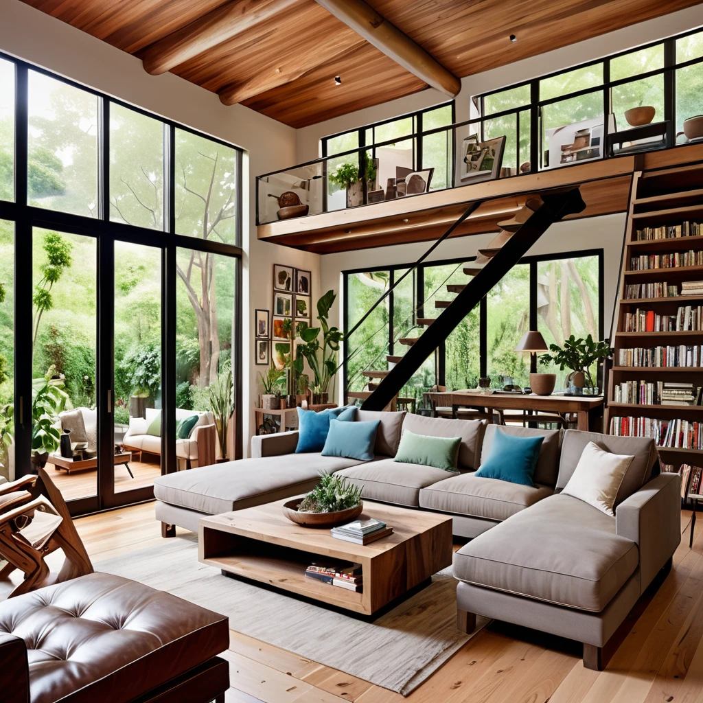 Design an inviting and character-filled living area that seamlessly blends natural elements with contemporary comfort. This space features a wooden staircase leading to a loft, surrounded by lush potted plants and shelves brimming with books. The living area includes a cozy sofa, a stylish coffee table, and eclectic artwork adorning the walls. Large windows allow for plenty of natural light, creating a bright and airy environment that combines modern living with a touch of nature.