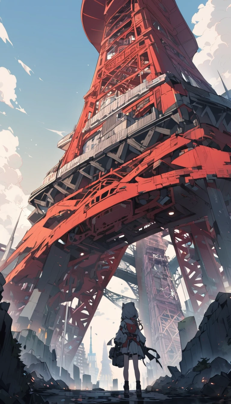Tokyo Tower 1000 years after the extinction of humanity, with a girl looking at it,evening,