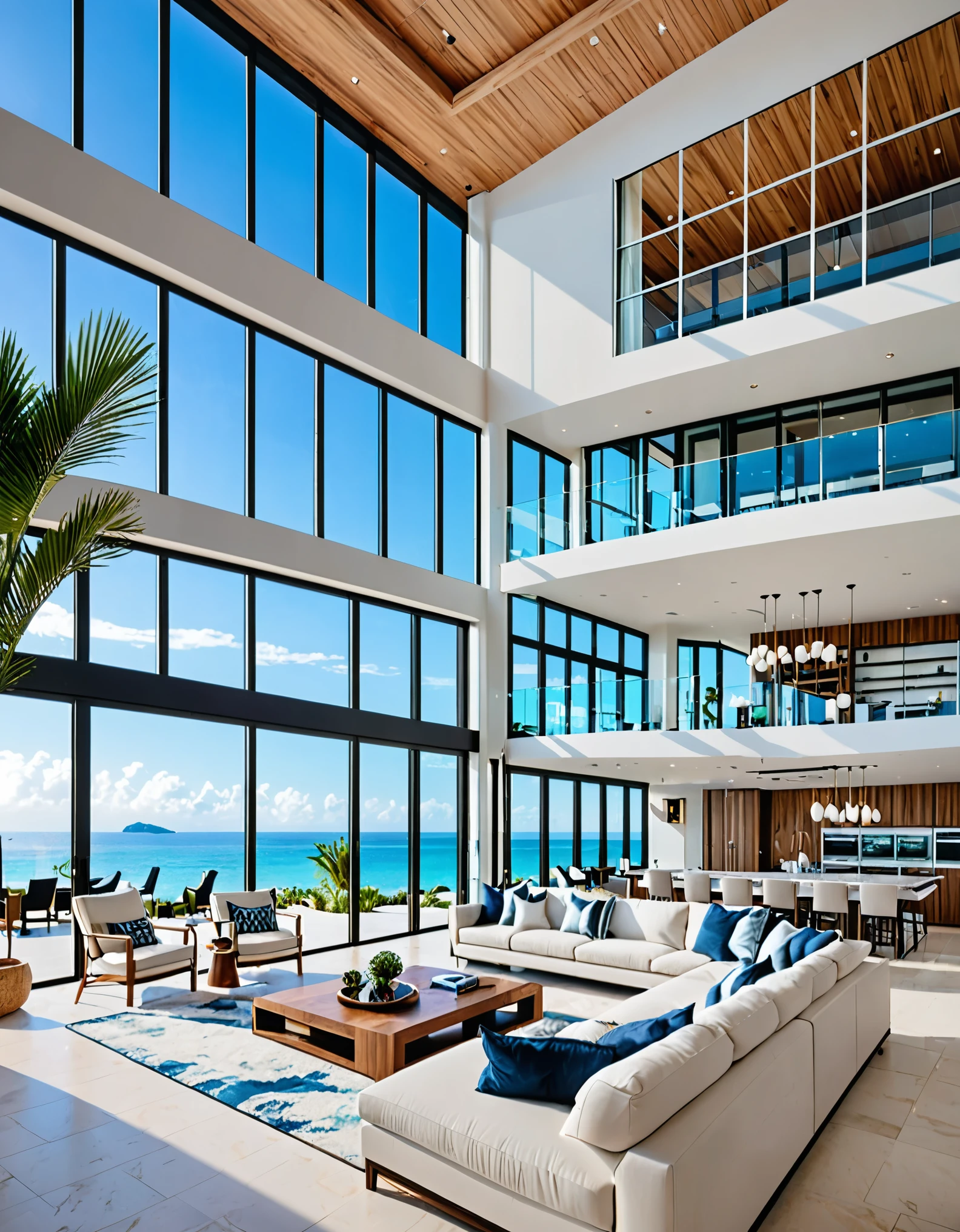 A modern and airy beachfront home with a luxurious interior. The living room features floor-to-ceiling windows showcasing panoramic ocean views, a plush seating area around a built-in jacuzzi, and a sophisticated kitchen on a mezzanine level. The space is decorated with numerous potted plants, enhancing the natural and fresh ambiance. Sunlight streams through the windows, creating a bright and welcoming environment that seamlessly integrates indoor comfort with the beauty of the seaside location