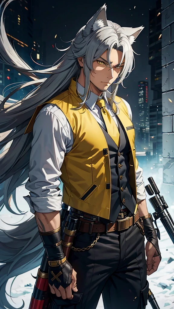 naughty man,
Meio Lobo,
wolf's ears,
wolf tail,
long hair,
male,
Cao Cao,
yellow  eyes,
hair grey,
He is wearing a vest and sniper outfit,
He has a white sniper,

