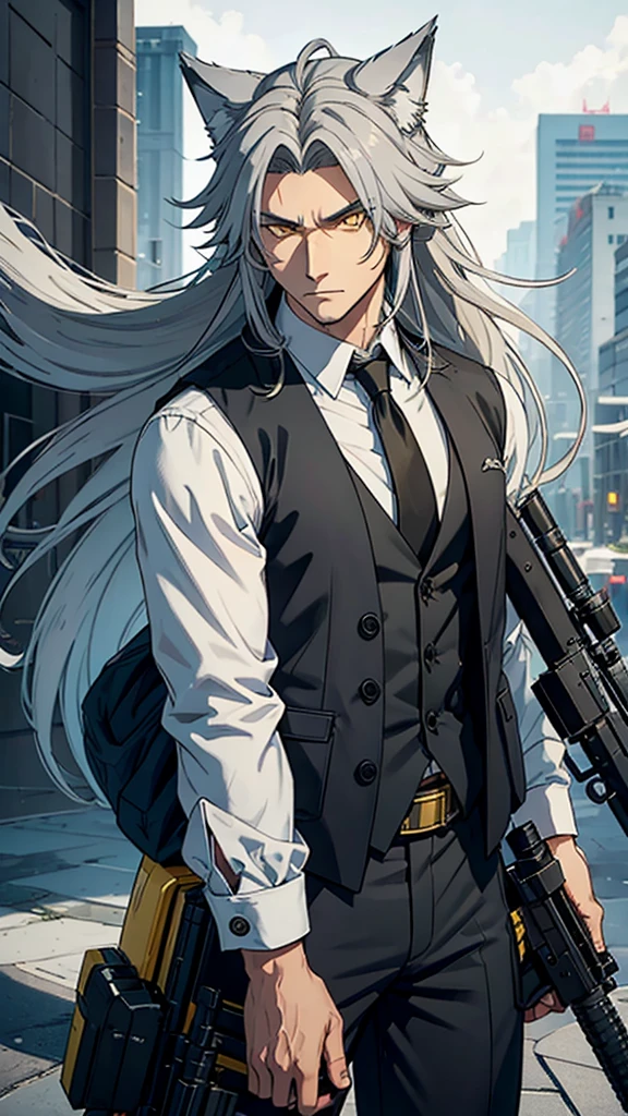 naughty man,
Meio Lobo,
wolf's ears,
wolf tail,
long hair,
male,
Cao Cao,
yellow eyes,
hair grey,
He is wearing a vest and sniper outfit,
He has a white sniper,