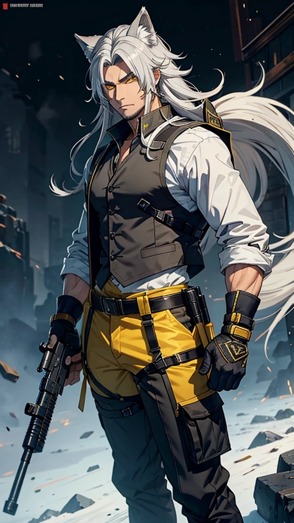 naughty man,
Meio Lobo,
wolf's ears,
wolf tail,
long hair,
male,
Cao Cao,
yellow  eyes,
hair grey,
He is wearing a vest and sniper outfit,
He has a white sniper,

