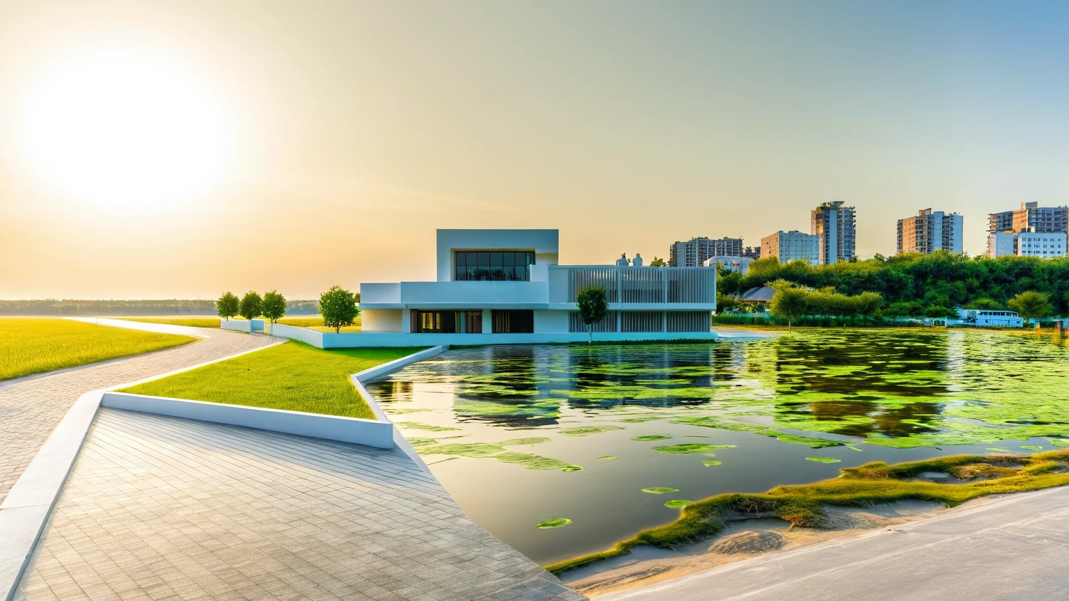 Raw photo,Masterpiece, high quality, best quality, authentic, super detail, exterior, outdoors,Tuonghoagio,house, modern stytle, on the street,wind flower wall, glass windows, white wall,gate, metal railing road,pavement, grass, trees, blue sky, (daylight:1.1), ((realistic photo))