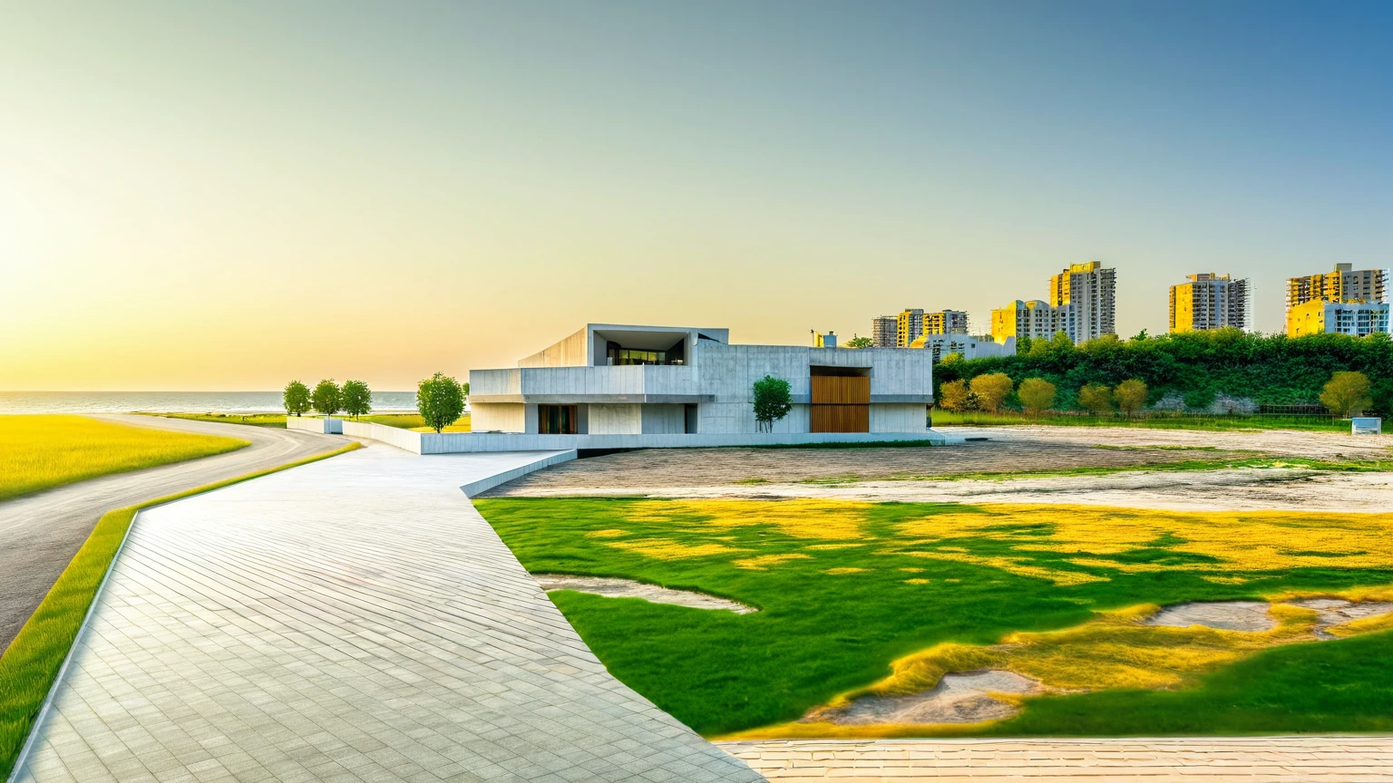 Raw photo,Masterpiece, high quality, best quality, authentic, super detail, exterior, outdoors,Tuonghoagio,house, modern stytle, on the street,wind flower wall, glass windows, white wall,gate, metal railing road,pavement, grass, trees, blue sky, (daylight:1.1), ((realistic photo))