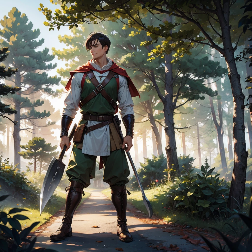 man with axe in the forest with medieval ranger outfit walking