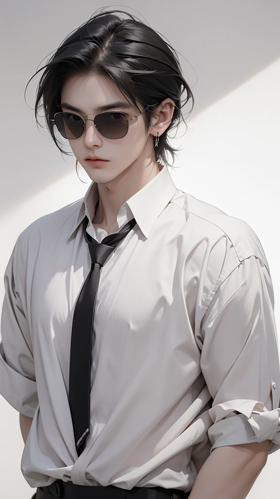 a handsome Korean man with short coma hair, wearing sunglasses, wearing earrings, wearing casual clothes such as a black shirt, white tie, is standing in a dark room, black background. REALISTIC HD