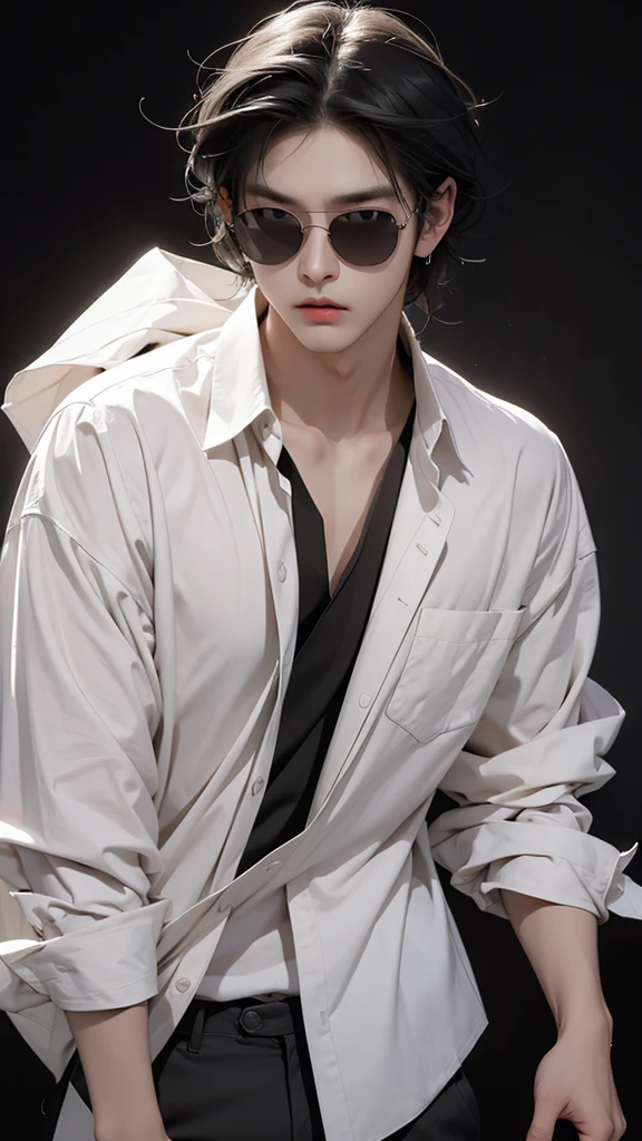 a handsome Korean man with short coma hair, wearing sunglasses, wearing earrings, wearing casual clothes such as a black shirt, white tie, is standing in a dark room, black background. REALISTIC HD