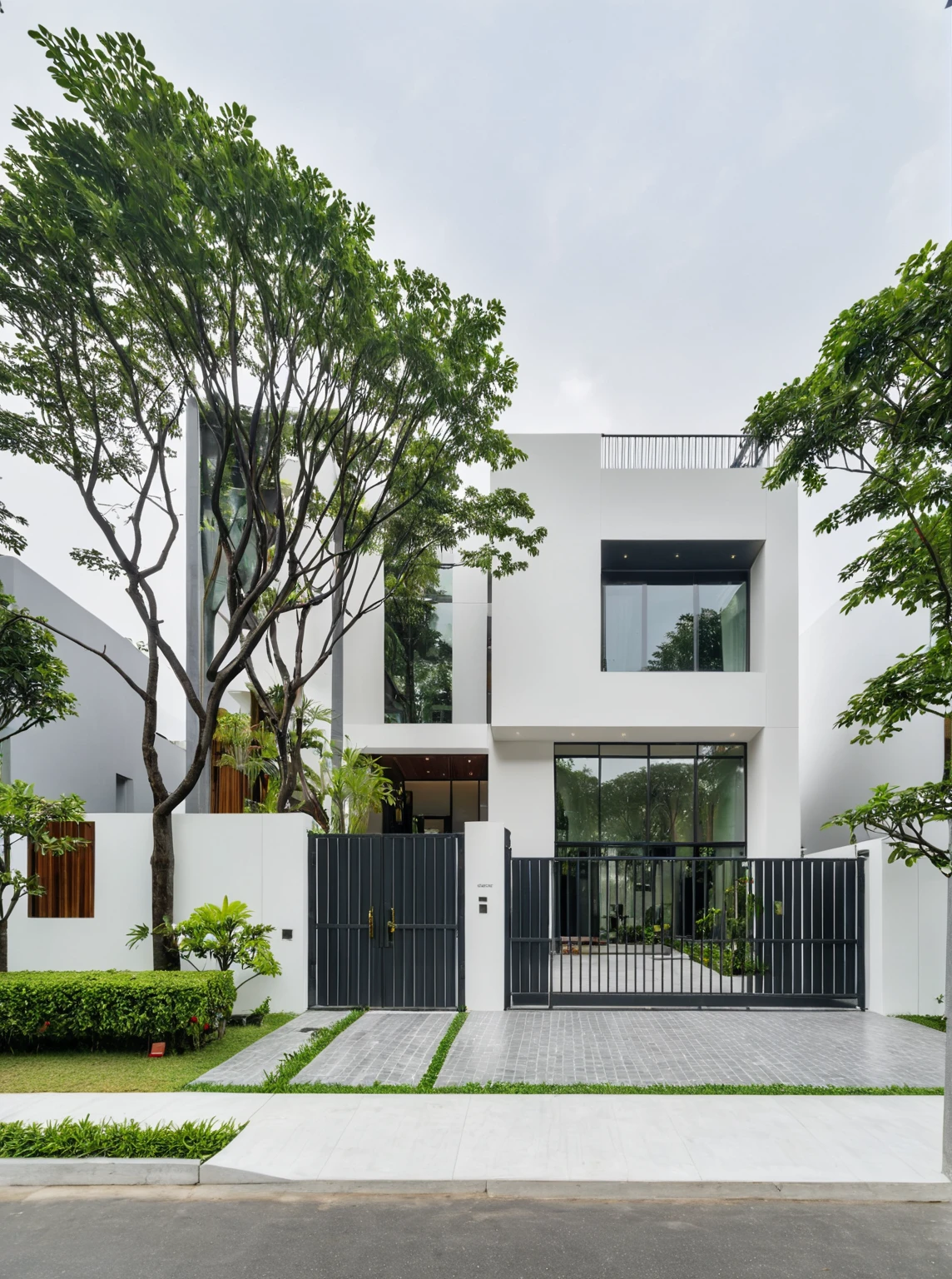 RAW photo, a photo of a modern villa, sidewalk, sidewalk trees, steel gate, road, viet nam modern residence, a car parked in front of it, rough white wall, new residential area, wide angle exterior 2022, contemporary house, exterior photography, masterpiece, contemporary architecture, overcast, indirect lighting