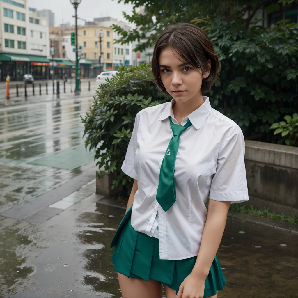 1 girl, by rubio, short hair, Blue eyes, White shirt, green tie, green skirt, City, rain, detailed background
